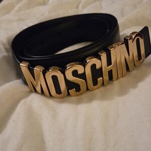 Moschino Gold Lettering Black Belt Size 46